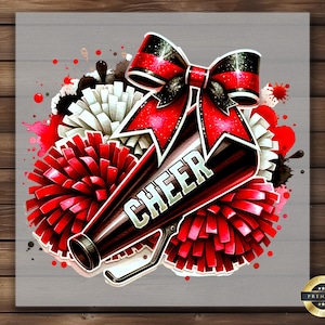 May include: A red and black cheerleading megaphone with the word "CHEER" printed on it. The megaphone is surrounded by red and white pom-poms and a red and black bow.