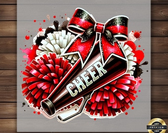 May include: A red and black cheerleading megaphone with the word "CHEER" printed on it. The megaphone is surrounded by red and white pom-poms and a red and black bow.
