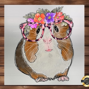 Guinea Pig Watercolor DTF Transfer - Delicate Guinea Pig with Flower Design, Artistic Iron-On for Clothing and Accessories, Pet-Themed Art