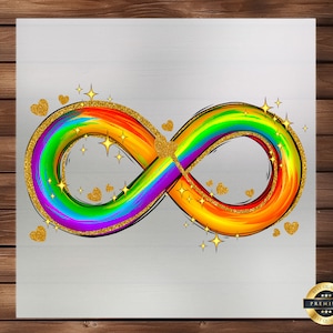 May include: A rainbow infinity symbol with gold glitter and hearts. The symbol is on a white background.