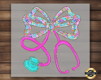 Floral Nurse Bow DTF Transfer: Pink Stethoscope Ribbon Design