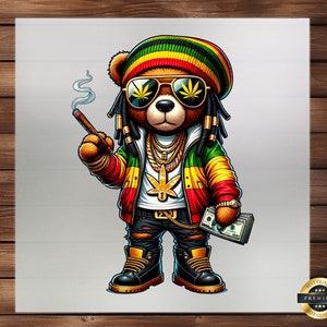 Hip Hop Jamaican Rasta Teddy Bear DTF Transfer, Graffiti Cartoon Design, Ready Press, Iron on Decal, DIY Craft, Custom Apparel, Unique DIY