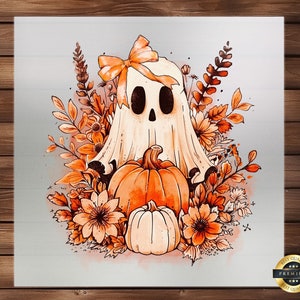 Retro Fall Ghost Pumpkin DTF Transfer, Cartoon Design, Easy Application, Perfect for Fall Apparel, Ready to Press, Iron on Decal, DIY Craft