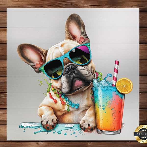Summer French Bulldog Clipart DTF Transfer, Fun Design for Apparel, Easy-to-Apply, Add Sunshine to Your Style, Ready to Press, Hoodie DTF