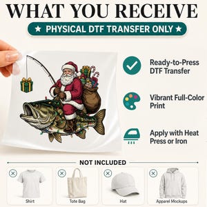 May include: A physical DTF transfer featuring a graphic of Santa Claus riding a large fish while holding a fishing rod with a gift attached. The design includes a sack of presents, Christmas lights, and text indicating it is a ready-to-press print.