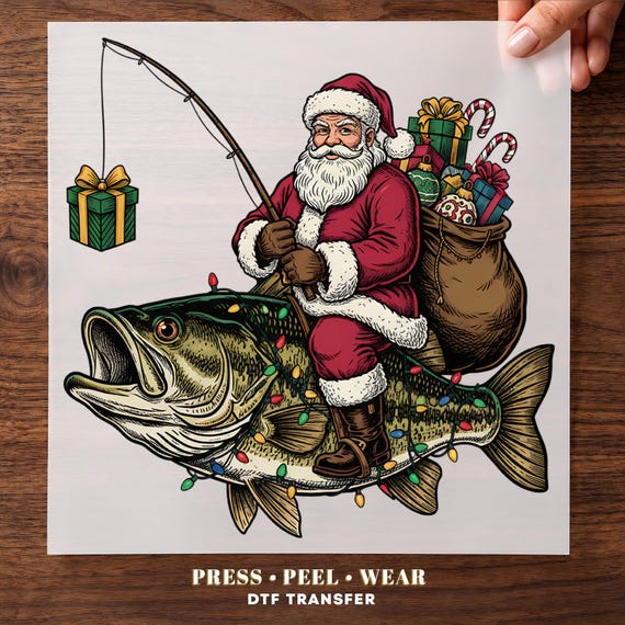 Santa Fishing Christmas DTF Transfer for Fisherman, Outdoors and Holiday Fishing Ready To Press