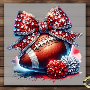 May include: A red and white sparkly bow with rhinestones sits on top of a brown and white football. Two red and white pom-poms are on the side of the football.