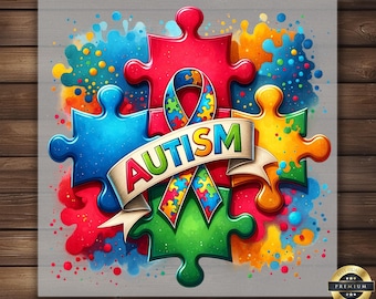 Peut inclure: Des pièces de puzzle colorées avec un ruban bleu, jaune, vert et rouge avec le mot "AUTISME" en lettres blanches. L'arrière-plan est une aquarelle de bleu, jaune, rouge et vert.