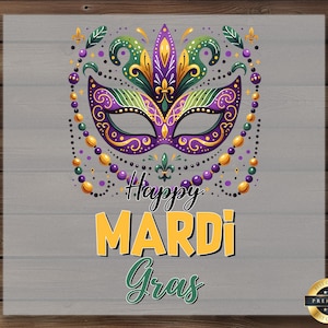 Mardi Gras DTF Transfer, Colorful Masquerade Mask, Purple Green Gold Beads, New Orleans Festival, Ready to Press, DIY Party Print