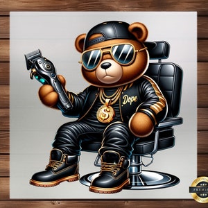 Graffiti Hip Hop Teddy Bear Barber DTF Transfer, Unique Urban Design, Easy Application, Streetwear Apparel, Ready to Press, Iron on Decal
