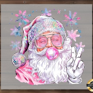 May include: A whimsical illustration of Santa Claus wearing sunglasses and a disco ball hat, blowing a bubblegum bubble. He's giving a peace sign with his gloved hand. Pink and blue snowflakes and a disco ball are also featured.
