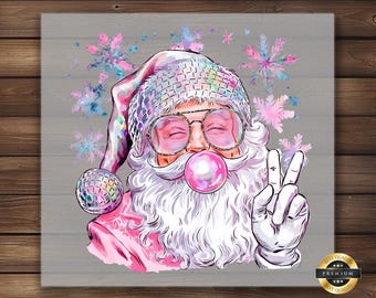 Trendy Santa DTF Transfer, Cool Bubble Gum and Peace Sign, Christmas Iron-On, Unique Holiday Apparel, Easy to Apply, Ready to Press