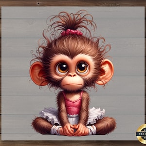 Sad Monkey Ballerina Dtf Transfer, Cute Big Eyed Baby Monkey in Pink Tutu with Bow, Ready to Press Iron-On Design