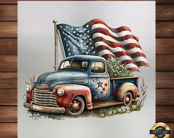 Vintage American Truck DTF Transfer: Patriotic Flag Design