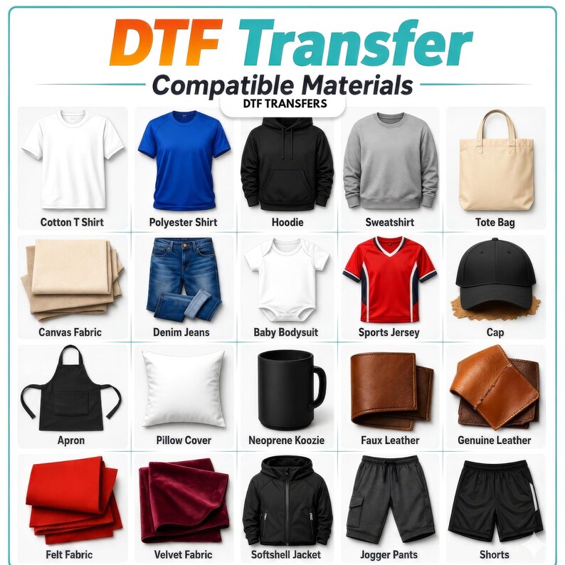 May include: An informational chart titled DTF Transfer Compatible Materials displaying twenty items including a white t-shirt, blue shirt, black hoodie, gray sweatshirt, tote bag, canvas fabric, denim jeans, baby bodysuit, sports jersey, cap, apron, pillow cover, neoprene koozie, faux leather, genuine leather, felt fabric, velvet fabric, softshell jacket, jogger pants, and shorts.