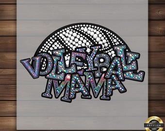 Può includere: Un design scintillante e iridescente di una pallavolo con le parole "Volleyball Mama" in un carattere scintillante.