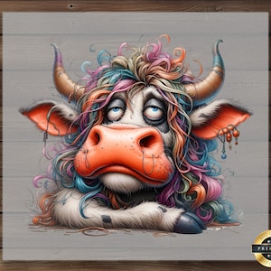 Funny Cow Dtf Transfer, Tired Cow with Colorful Hair and Earrings, Western Farm Animal Design for Shirt, DIY Print