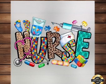 May include: Colorful graphic design of the word "NURSE" with puzzle pieces, a stethoscope, a heart, a syringe, and a medical bag. The design is on a white background.