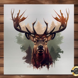 May include: A digital illustration of a deer's head with large antlers, set against a watercolor background of trees and foliage. The deer's fur is brown and the antlers are a light brown color. The background is a soft green and brown color.