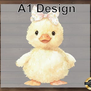 May include: A watercolor illustration of a yellow duckling with a pink bow on its head. The duckling has a round body, small wings, and orange feet and beak. The text "A1 Design" is at the top.