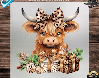 Christmas Highland Cow DTF Transfer, Baby Cow & Leopard Design, Festive Iron-On Decal, Holiday Apparel DIY, Unique Winter T-Shirt Graphic
