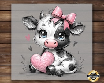 Baby Cow Valentine's Day DTF Transfer: Pink Heart, Ready to Press