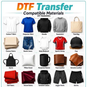 a collection of various clothing and accessory items, including cotton T-shirts, hoodies, sweatshirts, tote bags, jeans, baby bodysuits, sports jerseys, cap, apron, pillow cover, neoprene kooszle, faux leather, genuine leather, felt fabric, velvet fabric, softshell jacket, jogging pants, and shorts.