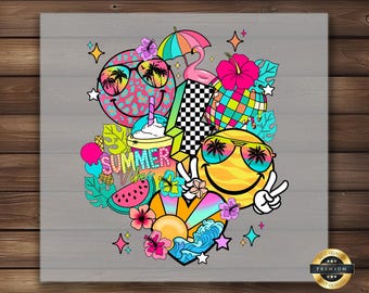 Summer Vibes DTF Transfer: Tropical Beach Smiley Face Art