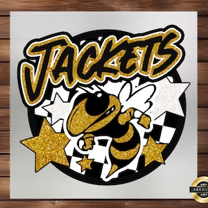 May include: Black and gold graphic with the word "Jackets" in a stylized font. A cartoon bee with wings is in the center of the graphic. The bee is surrounded by black and white checkered squares and gold glitter stars.
