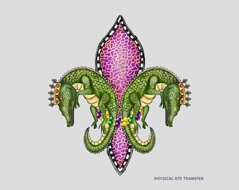 Mardi Gras Alligator Fleur De Lis DTF Transfer, Carnival Heat Press, Shirt Design
