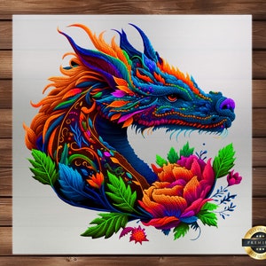May include: A colorful, abstract dragon with intricate floral details. The dragon is blue, green, orange, and purple. The floral details are in shades of pink, orange, and green. The dragon is surrounded by flowers and leaves.