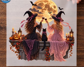 Halloween Witches DTF Transfer | Full Moon Wine Black Cat Spooky Design | Ready To Press