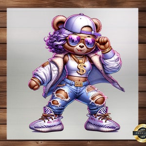 Hip Hop Female Teddy Bear Graffiti Cartoon DTF Transfer, Ready Press, Iron on Decal, Custom Apparel, DIY Craft Supply, Detailed Fabric Art