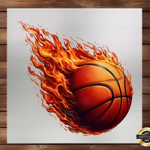 May include: A basketball engulfed in flames, with the basketball's orange and black design visible. The flames are a vibrant orange and yellow, creating a dynamic and energetic image.