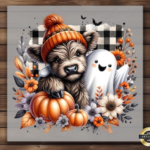 Fall Highland Cow Ghost DTF Transfer, Cute Halloween Ready To Press Iron On image 1