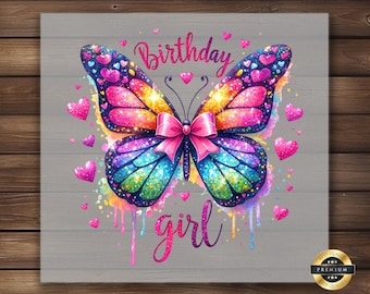 Birthday Girl DTF Transfer: Butterfly Hearts, Pink Bow - Ready to Press