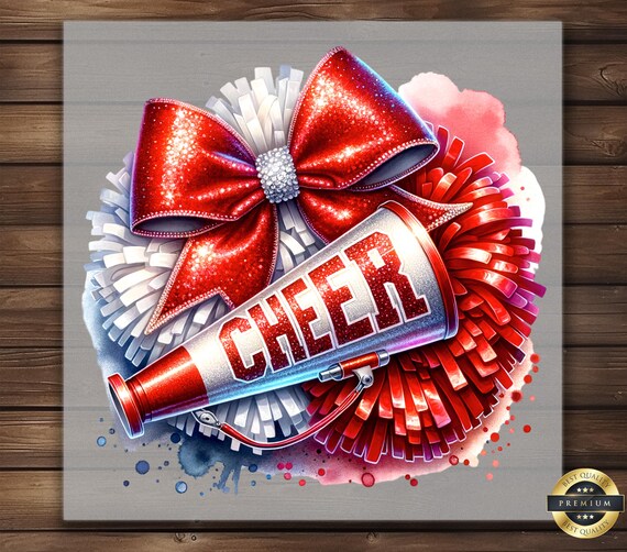 Cheer Megaphone and Bow DTF Transfer: Red White Iron-on Design