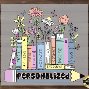 Personalized Teacher Book Stack DTF Transfer: Colorful Library Design