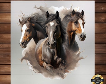 May include: Three brown and white horses with flowing manes run towards the viewer in a watercolor-style painting. The horses are in a burst of white and brown paint, creating a dynamic and energetic image.