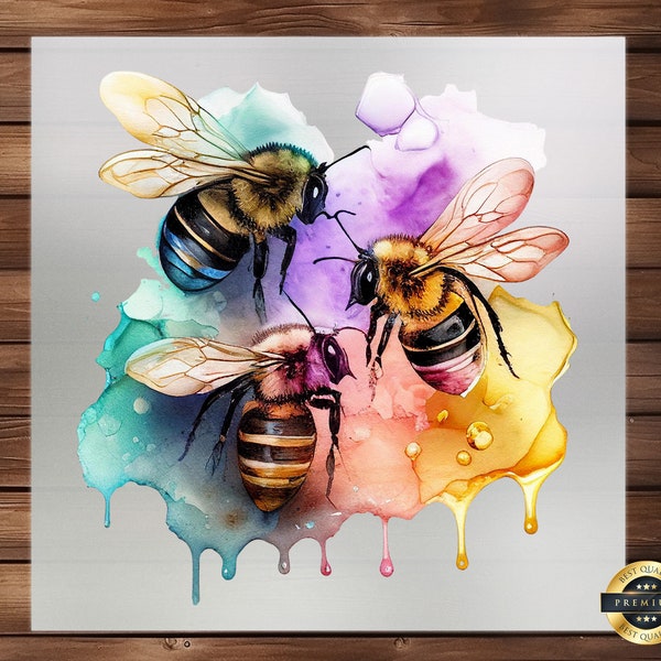 Nature's Buzz: Trio of Bees DTF Transfer for Eco-Friendly Fashion, Vibrant Bee Art Applique for DIY Style, Nature-Inspired Bee Fashion Decal