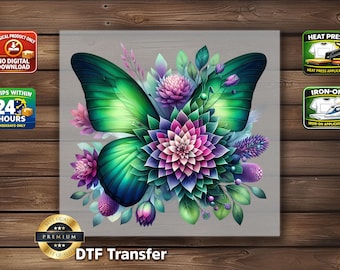 Green Dahlia Butterfly DTF Transfer: Purple Flower Teal Wing Botanical Shirt Print