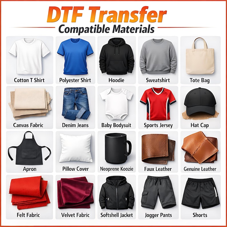 a collection of various clothing and accessory items, including cotton T-shirts, hoodies, sweatshirts, tote bags, canvas fabric, denim jeans, baby bodysuits, sports jerseys, hats, apron, pillow cover, faux leather, genuine leather, felt fabric, velvet fabric, softshell jackets, jogging pants, and shorts.
