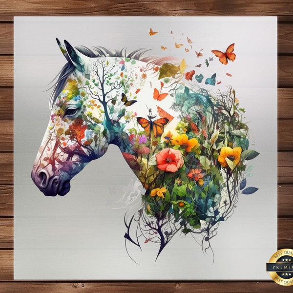 Horse with Colorful Garden DTF Transfer, Vibrant & Nature-Inspired Design, Easy Application for a Serene Equestrian Look