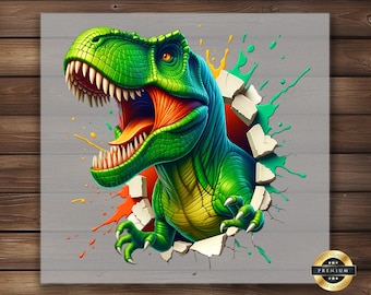3D T-Rex DTF Transfer: Dinosaur Breaking Wall, Color Splash
