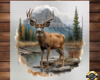 Deer in Mountains DTF Transfer: Hunting Scene Apparel Print