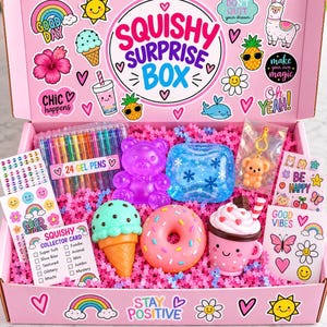 May include: A pink box labeled Squishy Surprise Box containing a set of 24 gel pens, a purple bear figure, a blue snowflake cube, a small bear keychain, a mint ice cream cone, a pink donut, a drink cup, sticker sheets, and a collector card.