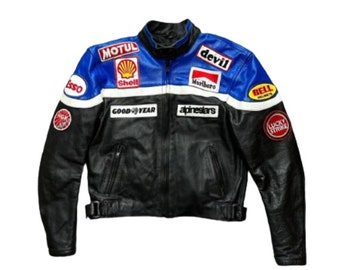 Men Handmade Motorbike Racing Leather Jacket Blue & Black - Distressed Vintage Racing Patchwork Leather Jacket