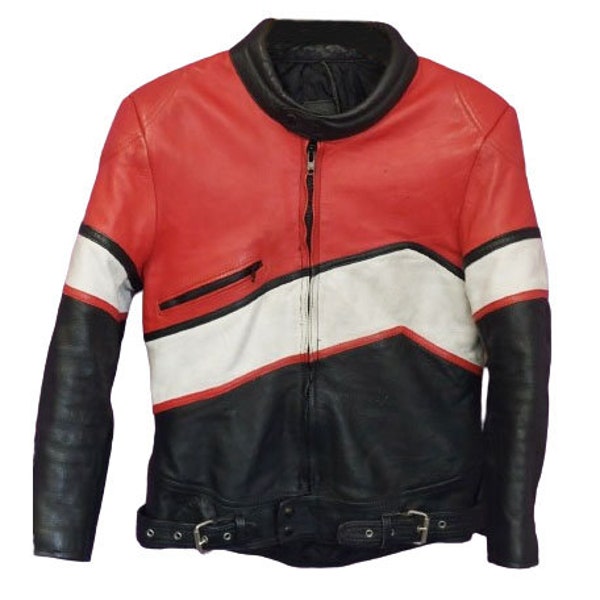 Men Vintage Racing Style Red, White, and Black Leather Motorcycle Jacket - Motorbike Racing Leather Jacket - Gift For Him