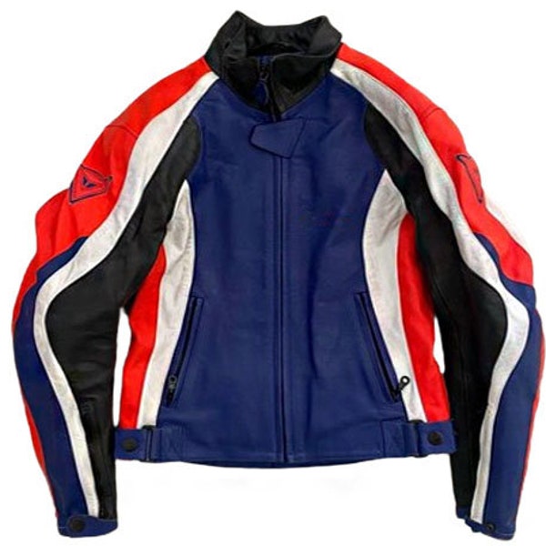 Cafe Racer Vintage Quilted Red White and Blue Leather Motorcycle Jacket - Gift for Him