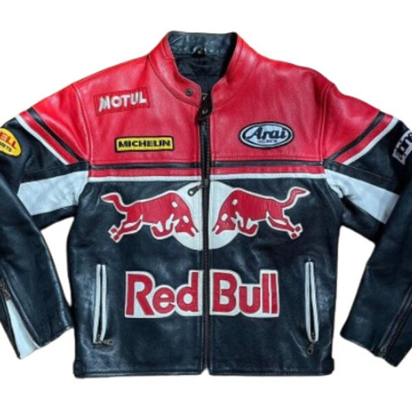 Men Black and Red Motorcycle Racing-Inspired Leather Jacket with Embroidered Details - Available in All Sizes